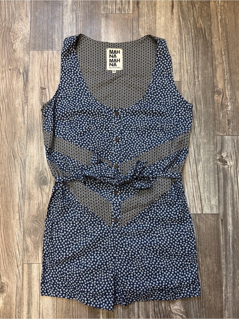 Anthropologie Mah Na Mah Na Jen Kao Floral Cotton Romper Blue Tie Waist 10 - Picture 2 of 5